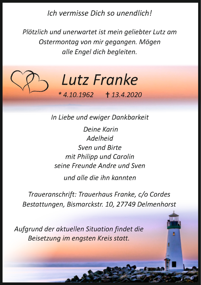  Traueranzeige für Lutz Franke vom 17.04.2020 aus trauer.de