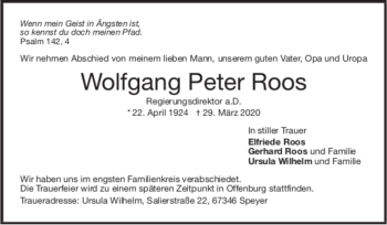 Todesanzeige von Wolfgang Peter Ross von trauer.de