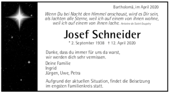 Todesanzeige von Josef Schneider von Trauer.de