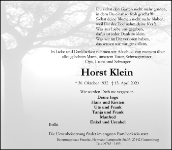 Todesanzeige von Horst Klein von Trauer.de