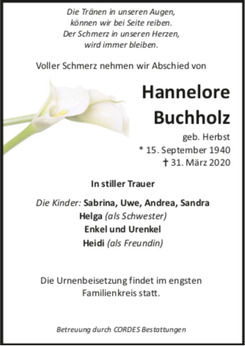 Todesanzeige von Hannelore Buchholz von Trauer.de