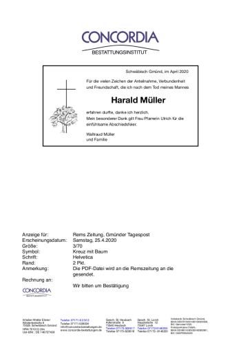 Todesanzeige von Harald Müller von trauer.de