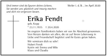 Todesanzeige von Erika Fendt von trauer.de