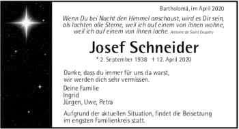 Todesanzeige von Josef Schneider von Trauer.de