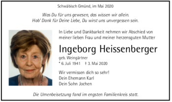 Todesanzeige von Ingeborg Heissenberger von Trauer.de