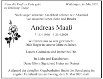 Todesanzeige von Andreas Maaß von Trauer.de