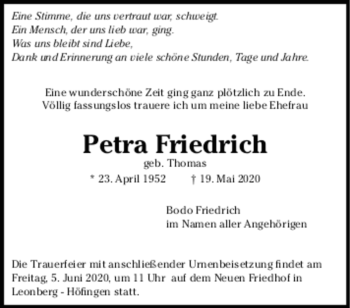 Todesanzeige von Petra Friedrich von Trauer.de