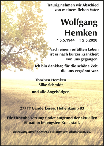 Todesanzeige von Wolfgang Hemken von Trauer.de