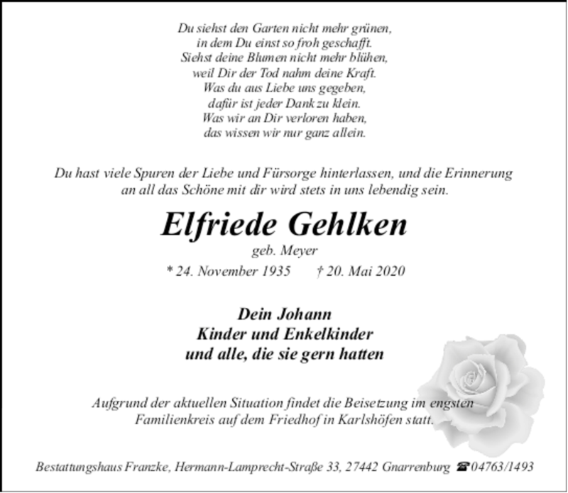  Traueranzeige für Elfriede Gehlken vom 23.05.2020 aus trauer.de