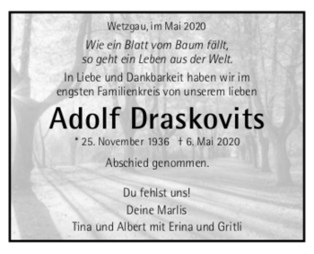 Todesanzeige von Adolf Draskovits von trauer.de