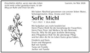 Todesanzeige von Sofie Michl von Trauer.de