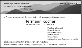 Todesanzeige von Hermann Kocher von Trauer.de