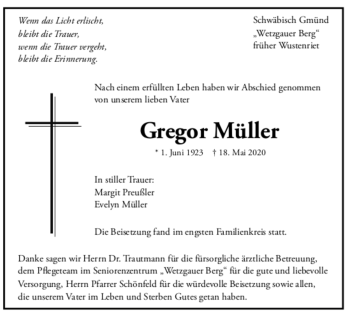 Todesanzeige von Gregor Müller von trauer.de