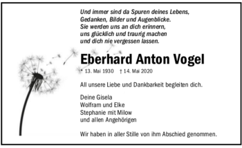 Todesanzeige von Eberhard Anton Vogel von trauer.de