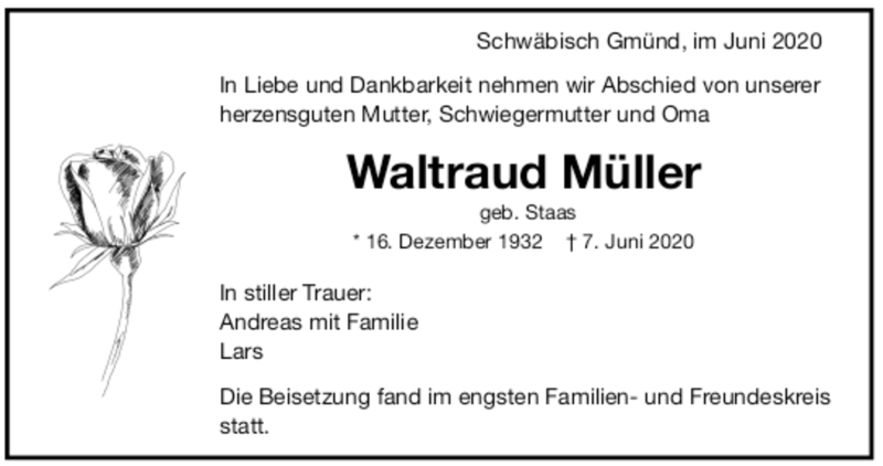  Traueranzeige für Waltraud Müller vom 18.06.2020 aus Trauer.de