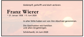 Todesanzeige von Franz Wierer von trauer.de