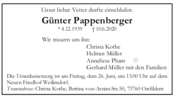 Todesanzeige von Günter Pappenberger 