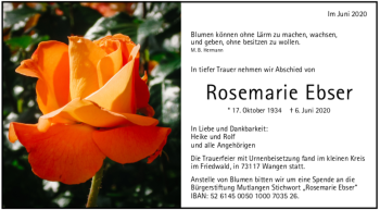 Todesanzeige von Rosemarie Ebser von Trauer.de