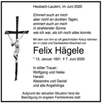Todesanzeige von Felix Hägele von Trauer.de