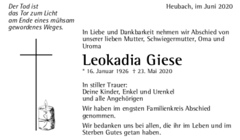 Todesanzeige von Leokadia Giese von trauer.de