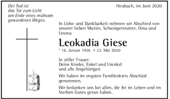 Todesanzeige von Leokadia Giese von Trauer.de
