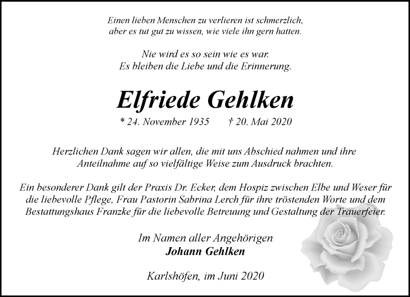  Traueranzeige für Elfriede Gehlken vom 27.06.2020 aus trauer.de