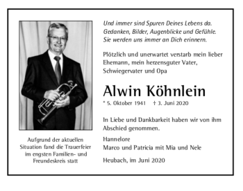 Todesanzeige von Alwin Köhnlein von trauer.de