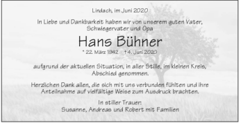 Todesanzeige von Hans Bühner von trauer.de