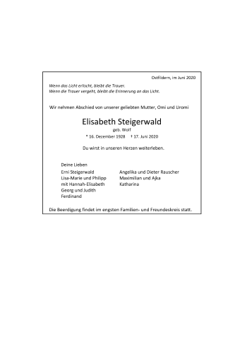 Todesanzeige von Elisabeth Steigerwald von trauer.de