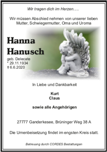 Todesanzeige von Hanna Hanusch von trauer.de