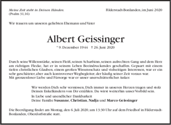 Todesanzeige von Albert Geissinger von Trauer.de
