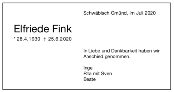 Todesanzeige von Elfriede Fink von trauer.de