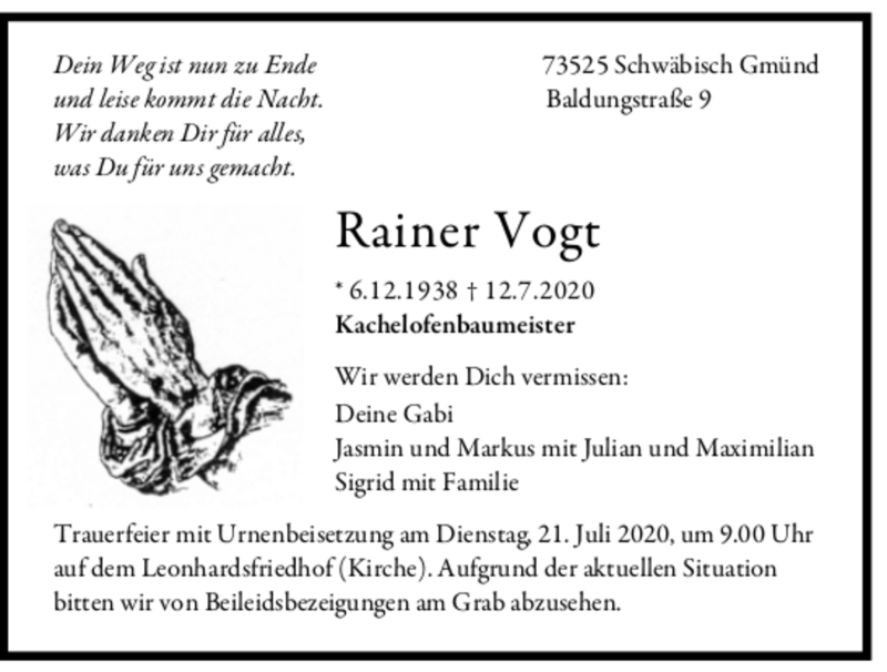  Traueranzeige für Rainer Vogt vom 17.07.2020 aus trauer.de