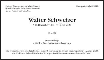 Todesanzeige von Walter Schweizer von trauer.de