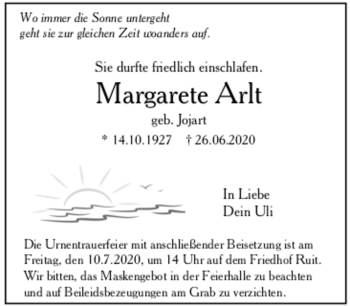 Todesanzeige von Margarete Arlt von Trauer.de