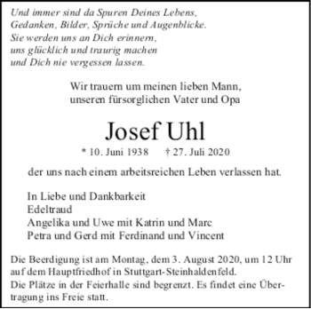 Todesanzeige von Josef Uhl von trauer.de
