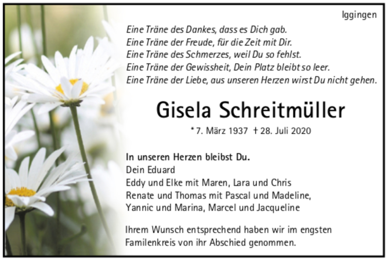  Traueranzeige für Gisela Schreitmüller vom 05.08.2020 aus Trauer.de