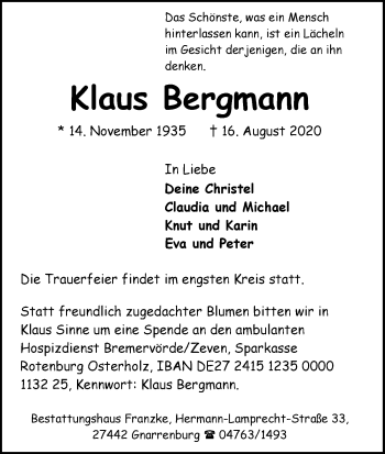 Todesanzeige von Klaus Bergmann von Trauer.de