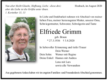 Todesanzeige von Elfriede Grimm von Trauer.de