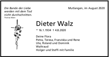 Todesanzeige von Dieter Walz von Trauer.de