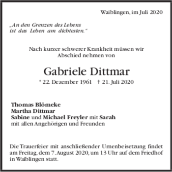Todesanzeige von Gabriele Dittmar von trauer.de