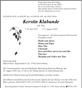 Todesanzeige von Kerstin Klabunde von trauer.de