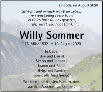 Todesanzeige von Willy Sommer von trauer.de