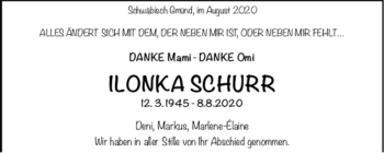 Todesanzeige von Ilonka Schurr von Trauer.de