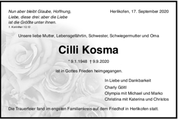 Todesanzeige von Cilli Kosma von Trauer.de