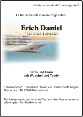 Todesanzeige von Erich Daniel von trauer.de
