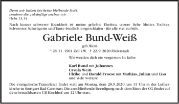 Todesanzeige von Gabriele Bund-Weiß von trauer.de
