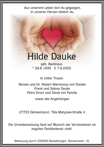 Todesanzeige von Hilde Dauke von trauer.de