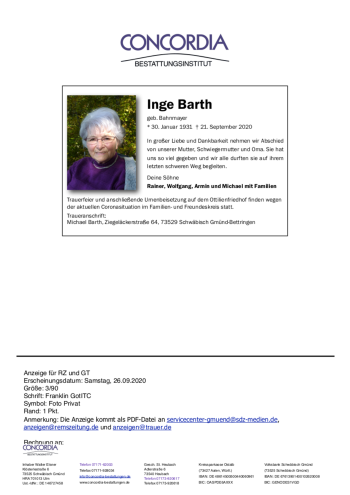 Todesanzeige von Inge Barth von trauer.de