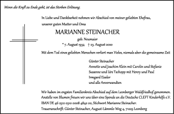 Todesanzeige von Marianne Steinacher von Trauer.de
